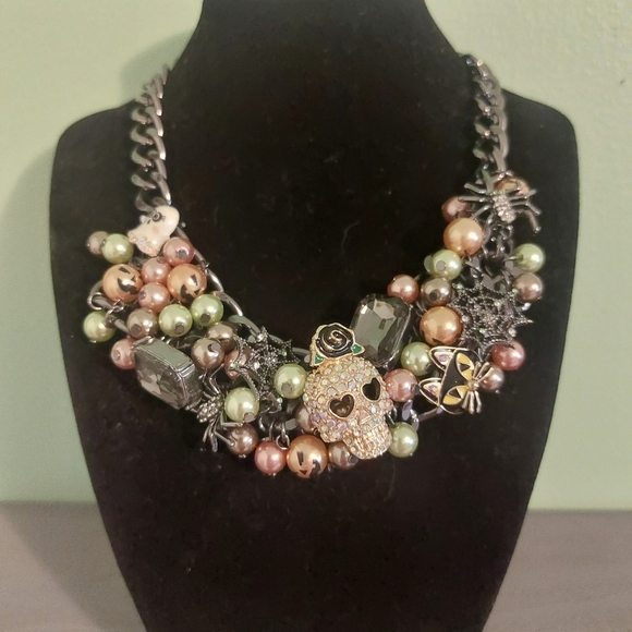 Betsey Johnson Jewelry - Betsey Johnson Sugar Skull Multi Color Faux Pearl Beads Charms Bib Necklace